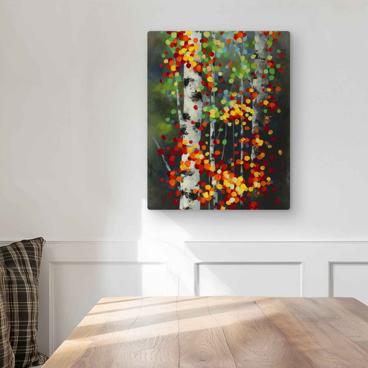 C1MP1620JHRZT5 16 x 20 in. Colorful Dotted Leaves Birches Wall Art - Orange Trees Metal Print