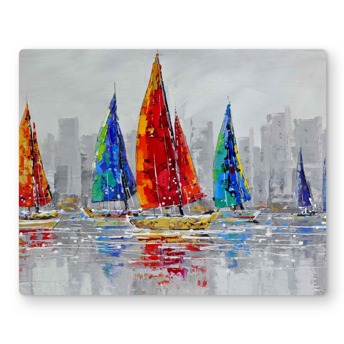 C1MP1620MJ1C6P 16 x 20 in. Colorful Boats Near Gray City Wall Art - Coastal Metal Print Decor