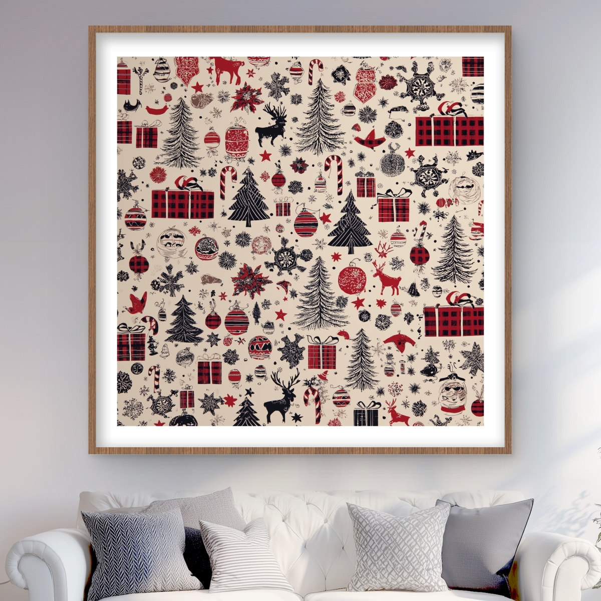 C1FM4848KEZY92 48 x 48 in. Christmas Gift Pattern Gray Framed Matted Print Wall Art - Home Decor