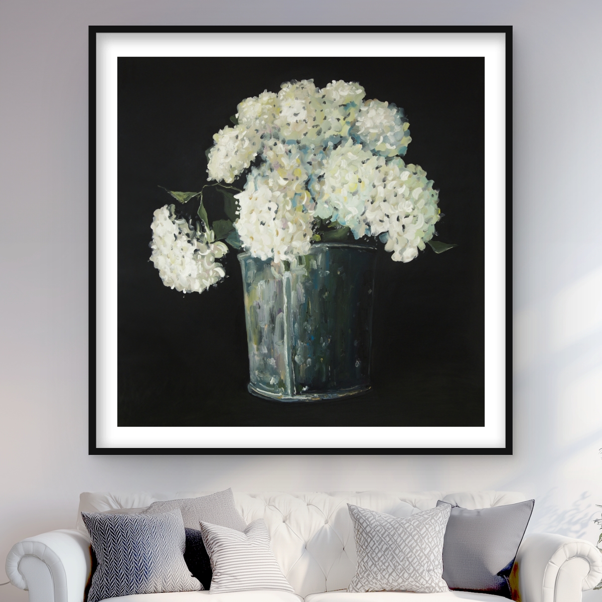 C1FM4848UY18VX 48 x 48 in. White Hydrangea Flowers - Framed Matted Print Wall Art - Home Decor
