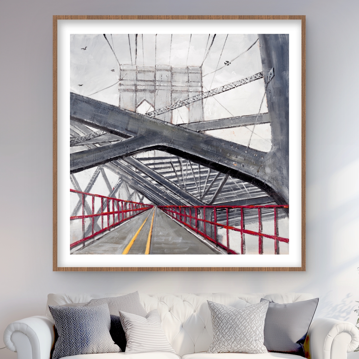 C1FM4848D0L8PH 48 x 48 in. Under the Brooklyn Bridge - Gray Architecture Framed Print Wall Art