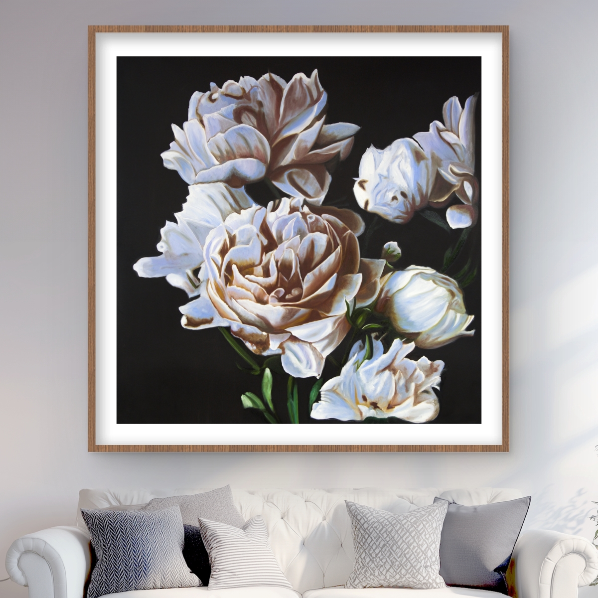 C1FM4848SW7LYJ 48 x 48 in. Peonies - Romantic White Framed Matted Print Wall Art for Home Decor