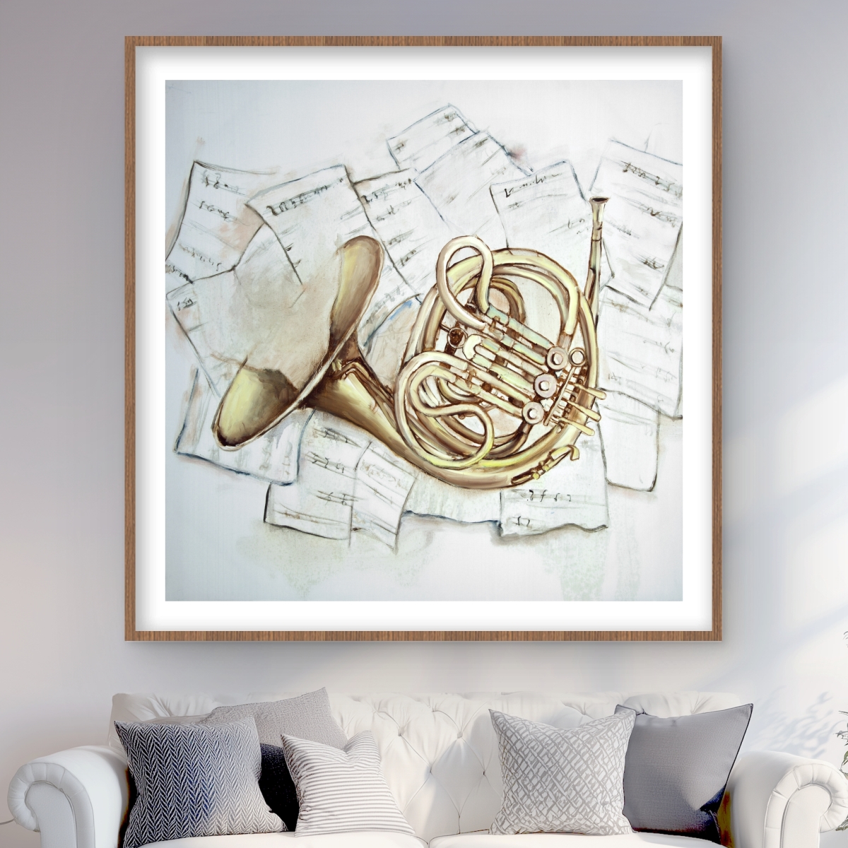 C1FM4848X0OCOJ 48 x 48 in. Horn On Music Sheet - Framed Matted Print Wall Art - Home Decor