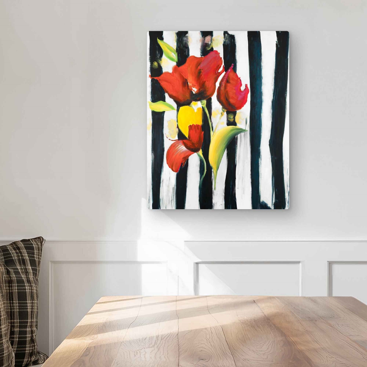 C1MP1620NQ8V29 16 x 20 in. Red Flowers On Stripes - Contemporary Metal Print Wall Art for Decor