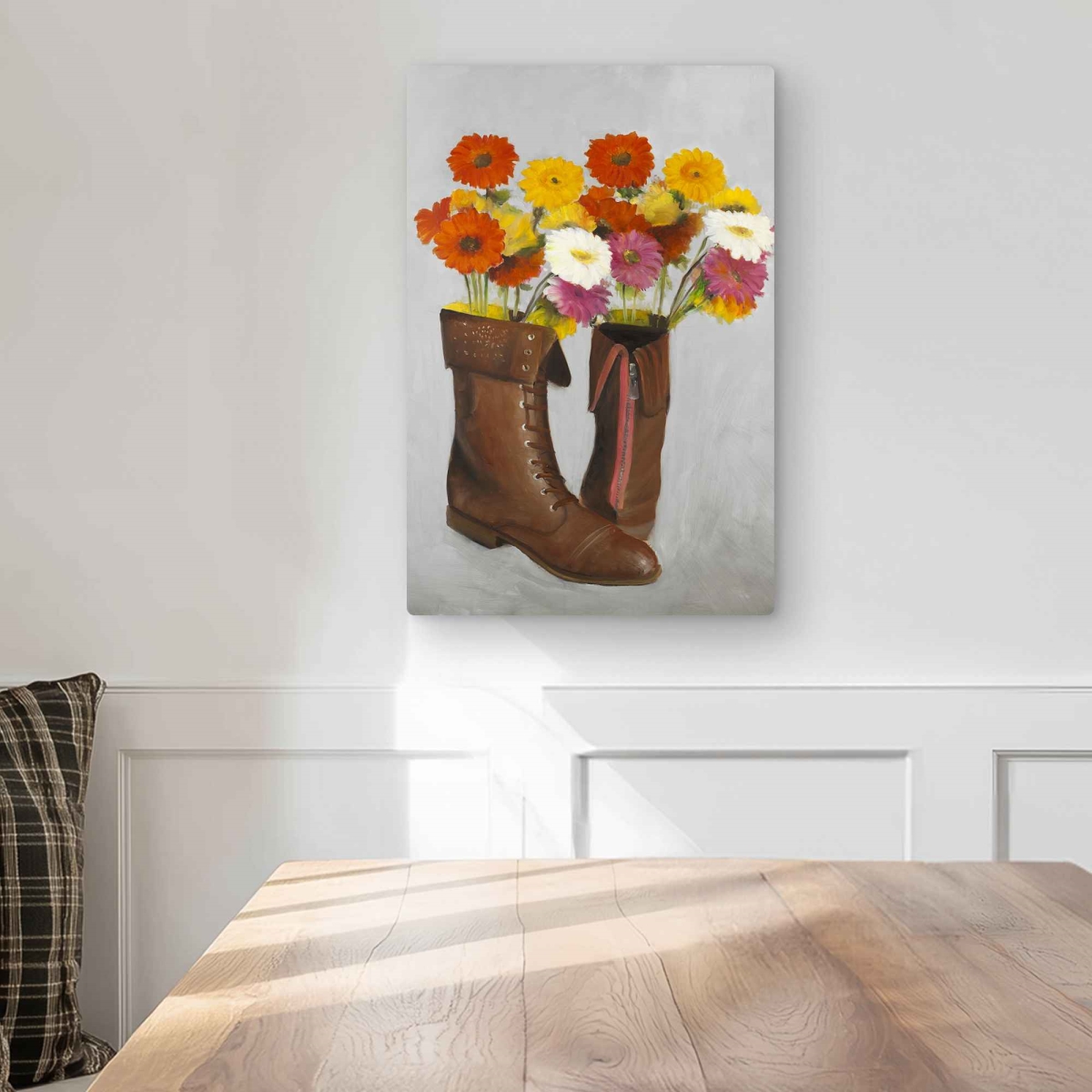 C1MP1218DGZ40M 12 x 18 in. Boots with Daisies Flowers Wall Art - Livingroom Still Life Metal Print