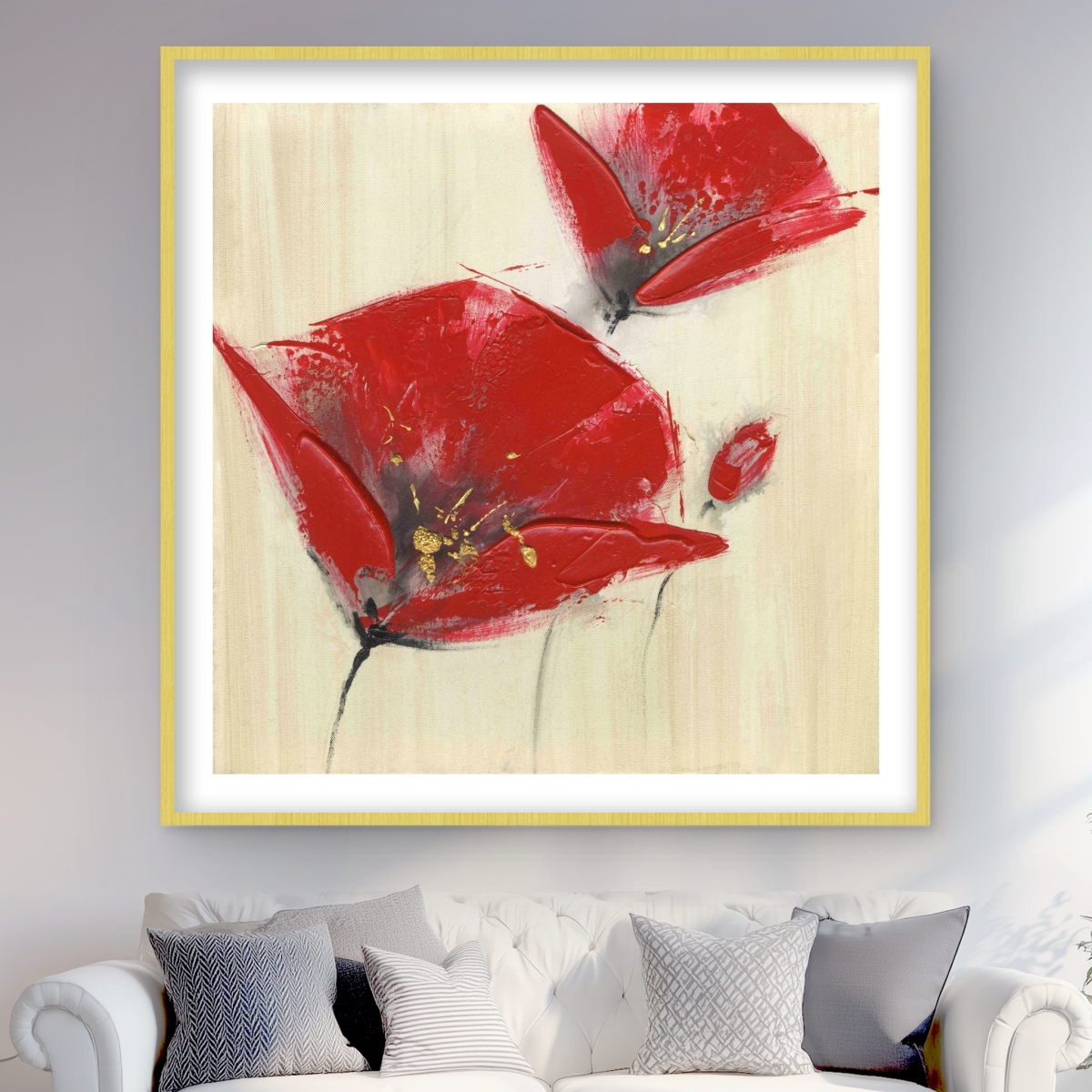 C1FM4848Q3WOGX 48 x 48 in. Three Red Flowers with Texture Wall Art - Framed Botanical Print