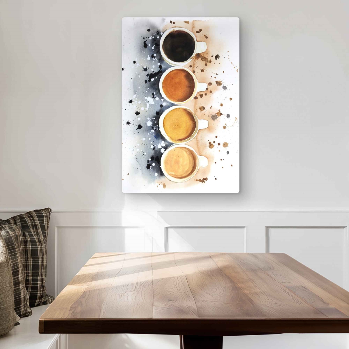 C1MP2030XMMCQE 20 x 30 in. Four Cups of Coffee with Paint Splash Wall Art - Hygge Kitchen Metal Print