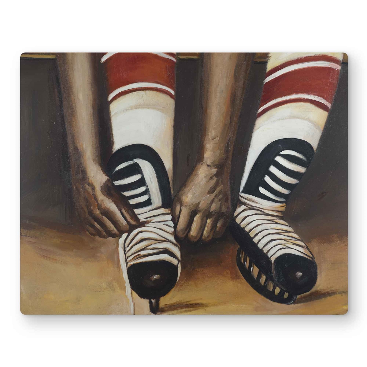 C1MP1620RFO1A9 16 x 20 in. Hockey Player Ties His Skates Wall Art - Seasons Brown Metal Print