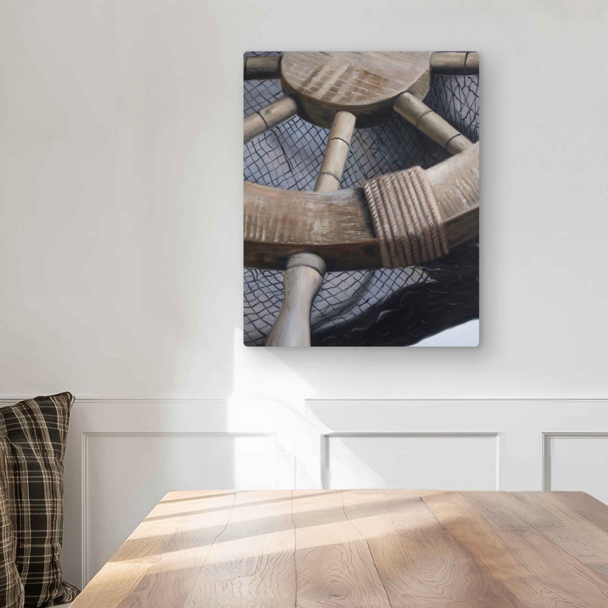 C1MP1620RGZ4BR 16 x 20 in. Helm On Fishing Net Metal Print Wall Art - Coastal Livingroom Decor
