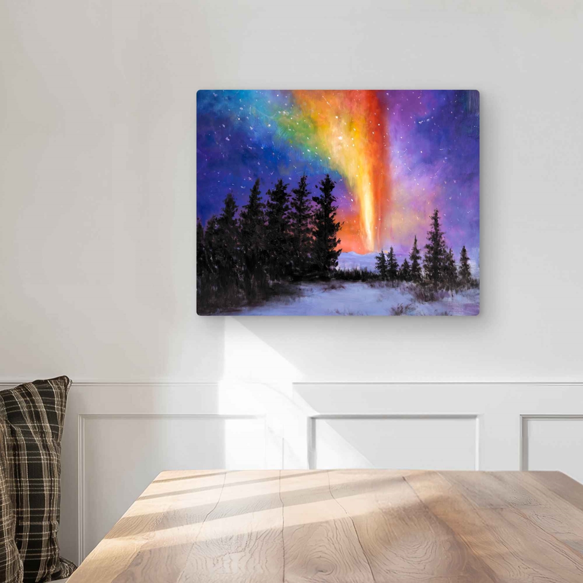 C1MP16200WT3ON 16 x 20 in. Aurora Borealis in the Forest Wall Art - Snow Yellow Metal Print
