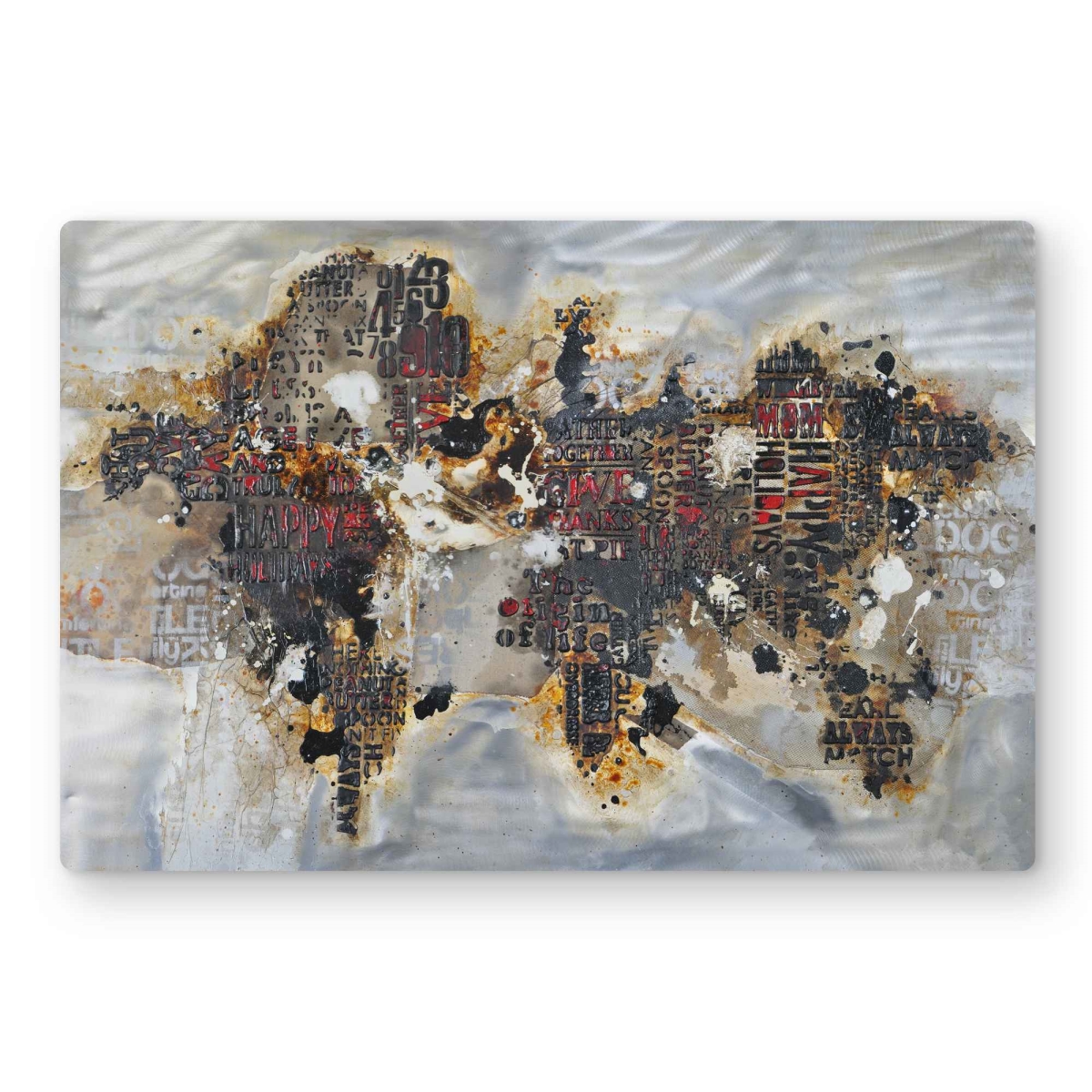 C1MP1218QGKS6J 12 x 18 in. Texturized World Map with Typography Wall Art - Modern Red Metal Print