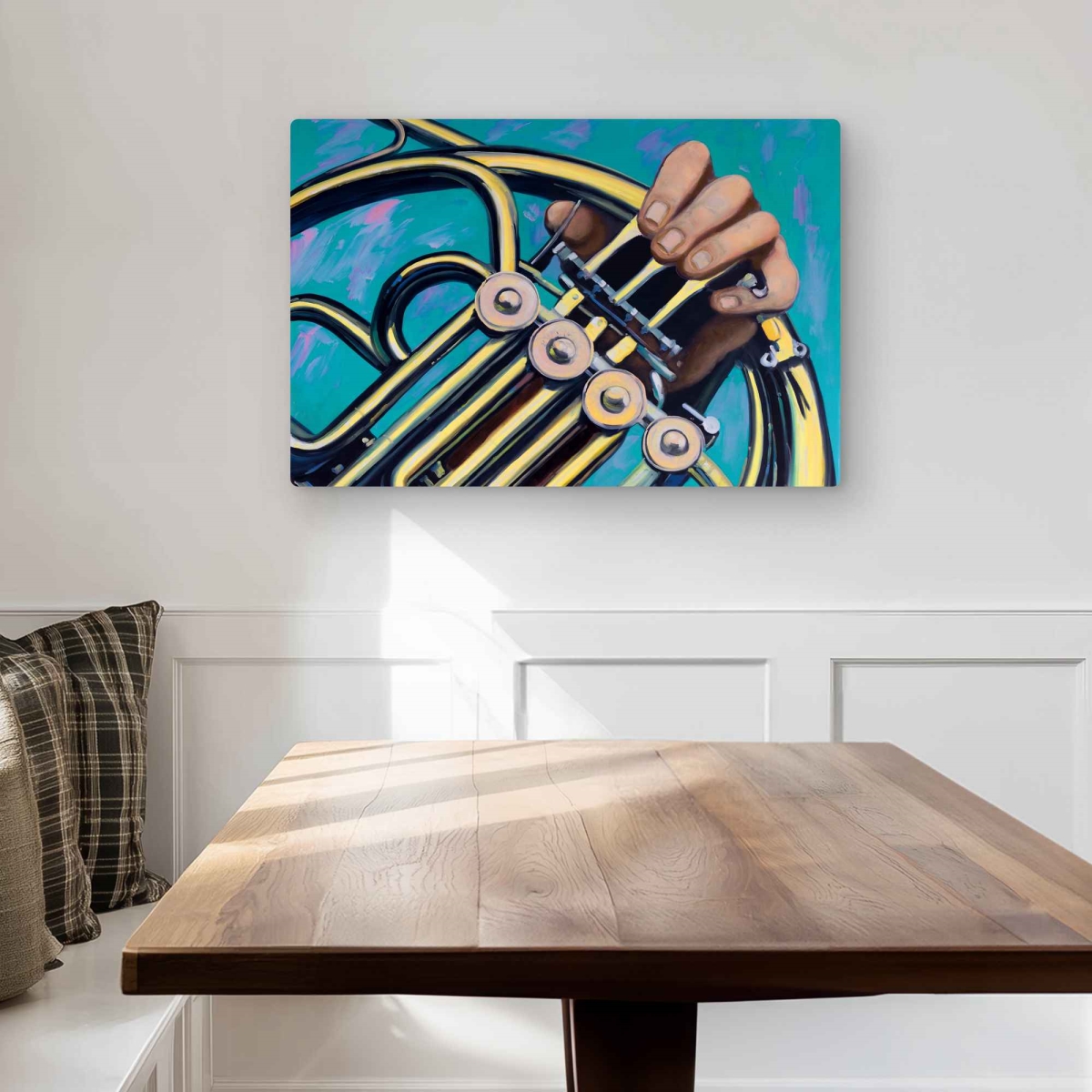 C1MP2030123VZA 20 x 30 in. Musician with French Horn - Modern Beige Metal Print Wall Art - Decor