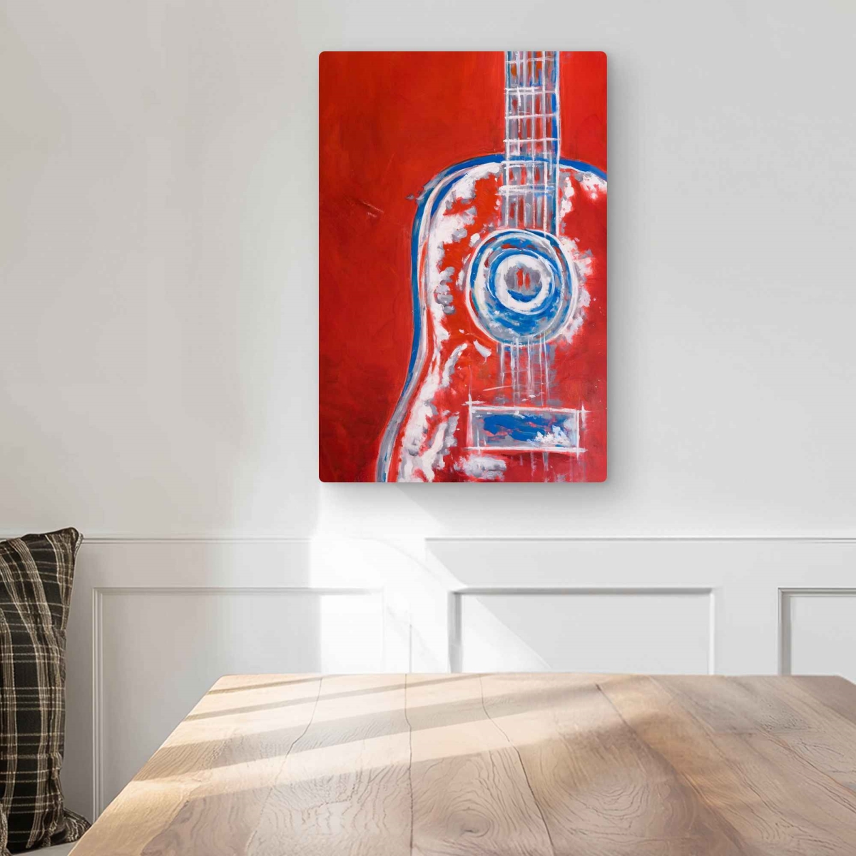 C1MP12186RRYX1 12 x 18 in. Modern Red Abstract Guitar Wall Art - Man Cave White Metal Print