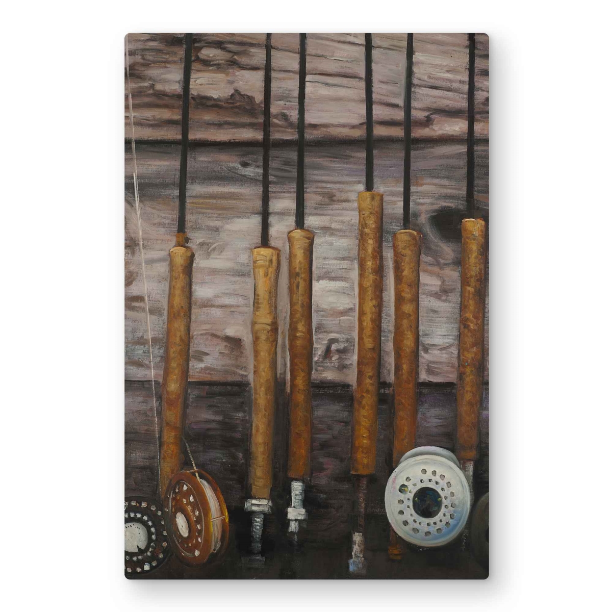 C1MP2030HFZYNS 20 x 30 in. Fishing Rods On Wood Wall Art - Gray Hobbies Metal Print Home Decor