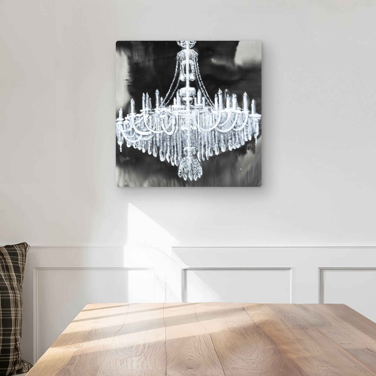 C1MP1616NB0F15 16 x 16 in. Glam Chandelier - Gray Still Life Metal Print Wall Art for Home Decor