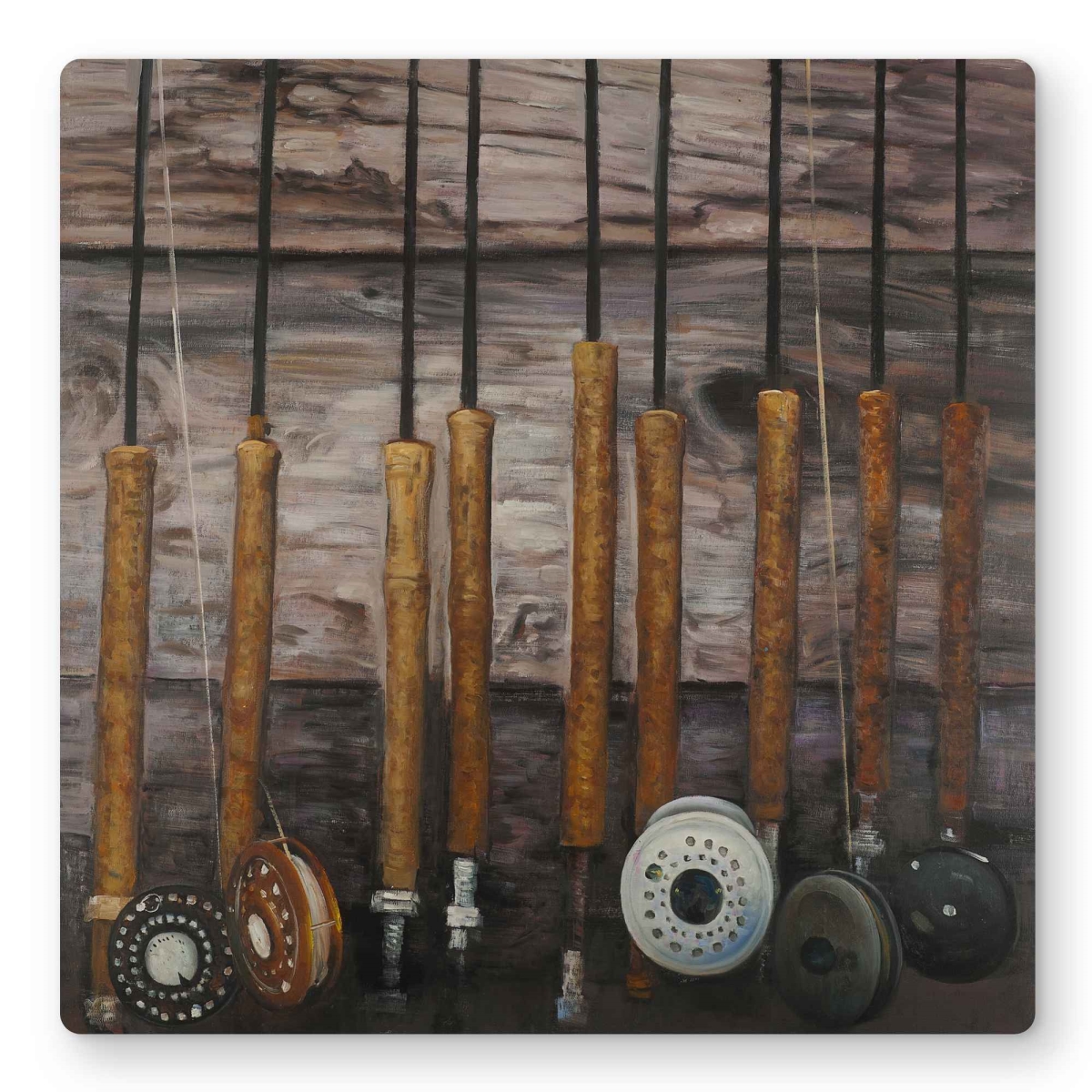 C1MP1616NKQ507 16 x 16 in. Fishing Rods On Wood - Brown Metal Print Wall Art for Man Cave Decor