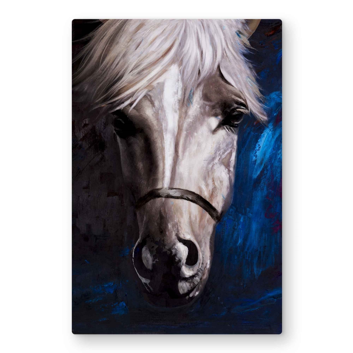 C1MP20308N5PO8 20 x 30 in. White Horse On Blue Background Wall Art - Blue Animals Metal Print