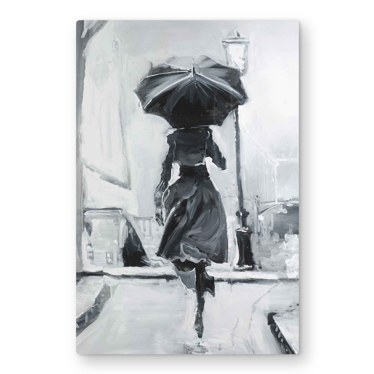 C1MP2030CY8YV1 20 x 30 in. Woman Running in the Rain - Black Metal Print Wall Art for Home Decor