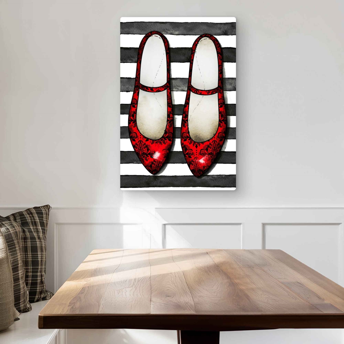 C1MP2030E4ETP2 20 x 30 in. Red Romantic Metal Print Wall Art - Glossy Shoes On Striped Background
