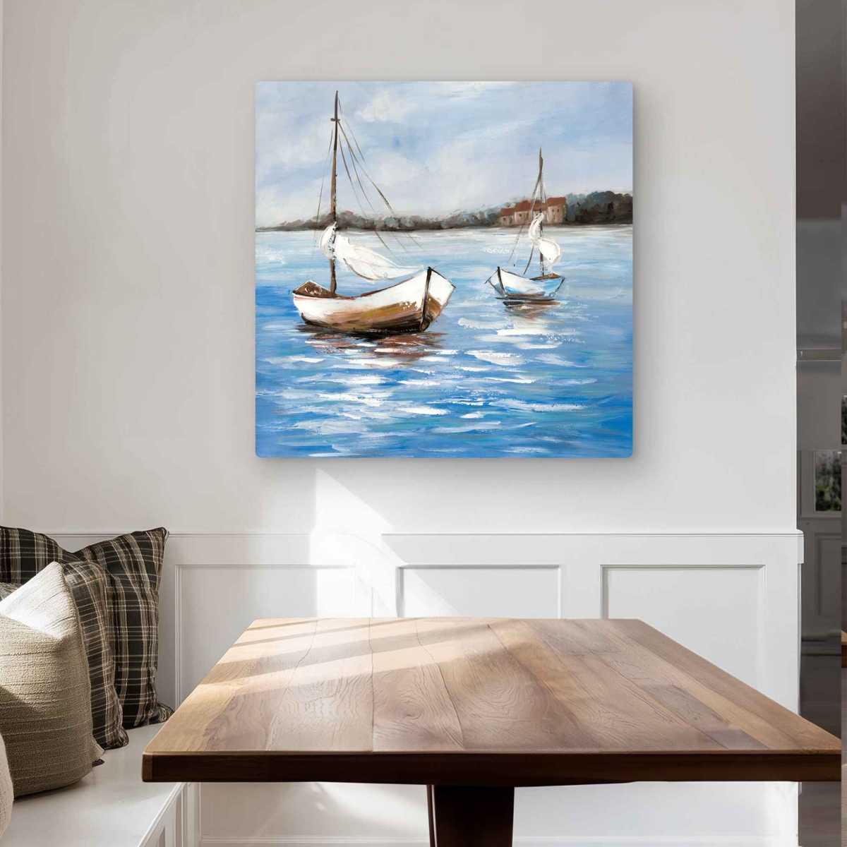 C1MP3232FSL7LD 32 x 32 in. Two Boats on the Water Wall Art - Blue Contemporary Metal Print Decor