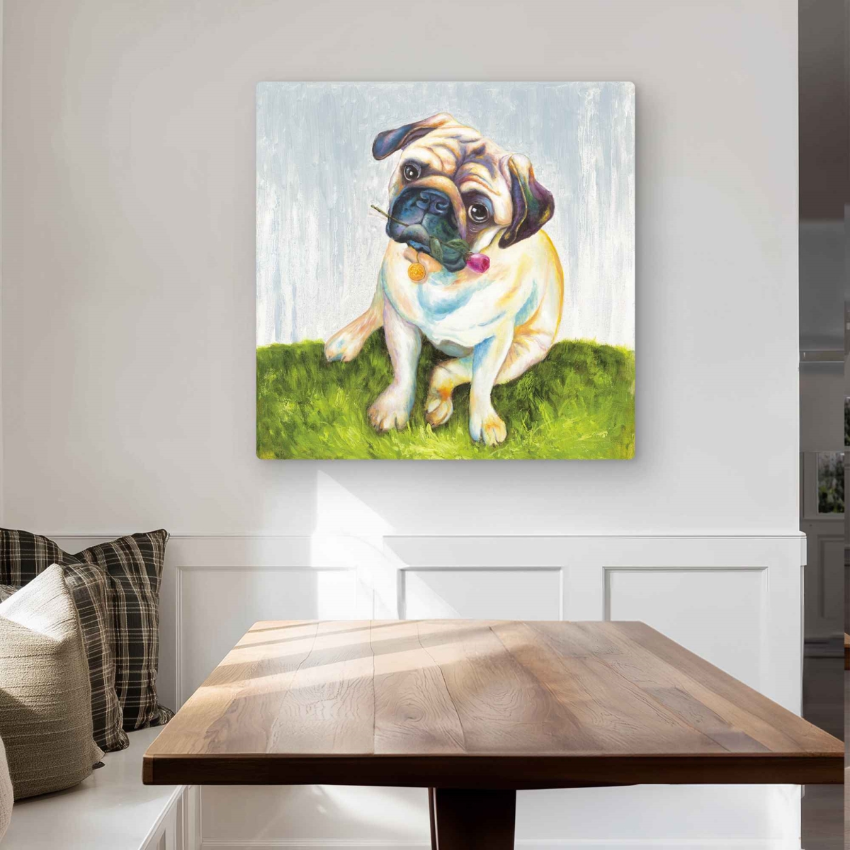 C1MP3232SCDRP0 32 x 32 in. Cute Pug with Rose Metal Print Wall Art - Dog Bedroom Home Decor