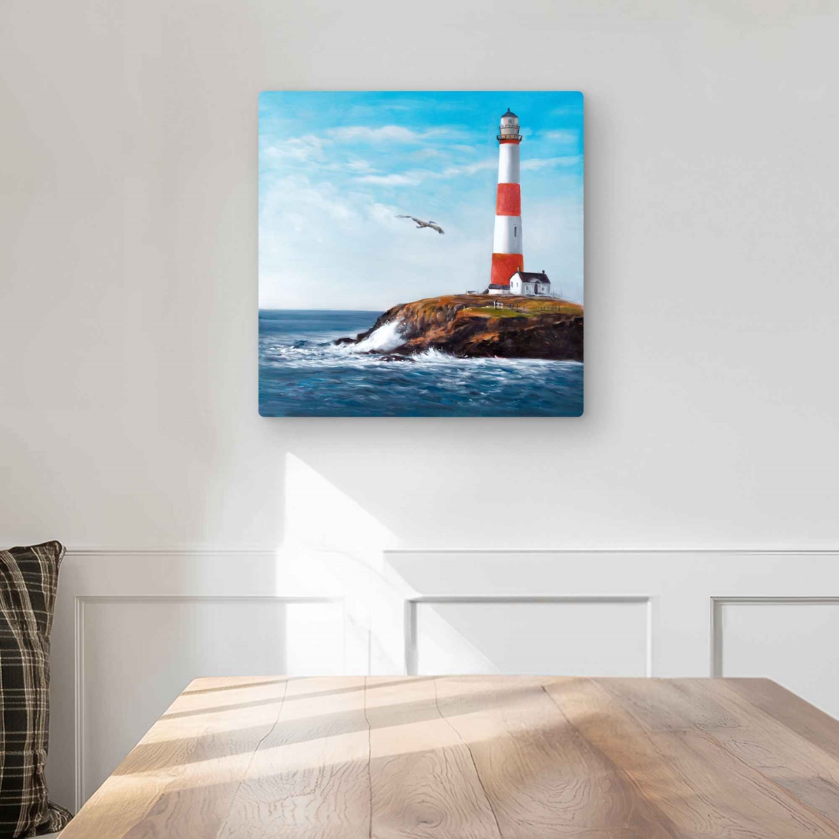 C1MP1616UU35CJ 16 x 16 in. Lighthouse at the Edge of the Sea Wall Art - Coastal Red Metal Print