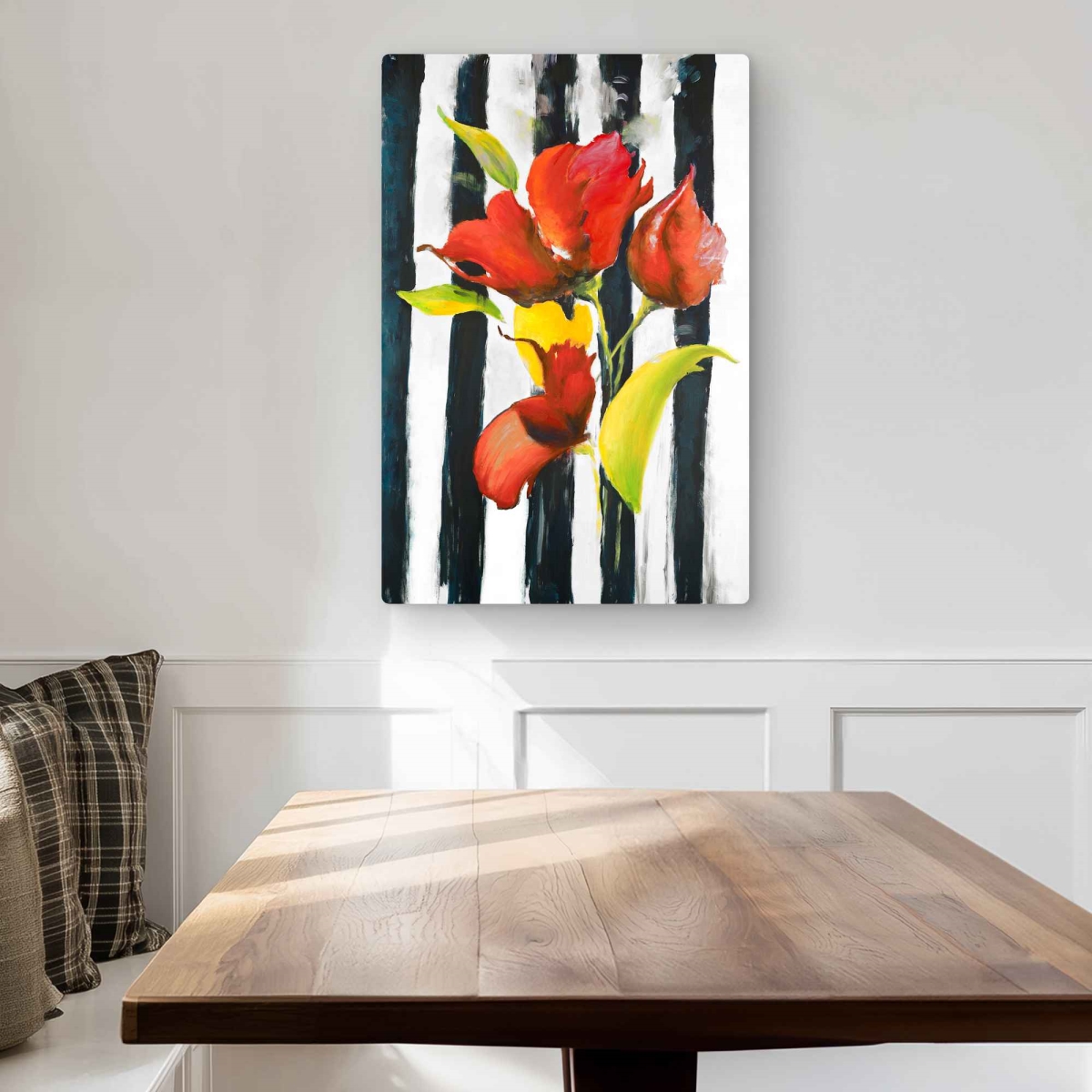C1MP2030ACCP9F 20 x 30 in. Flowers On Black & White Stripes Wall Art - Shapes Metal Print