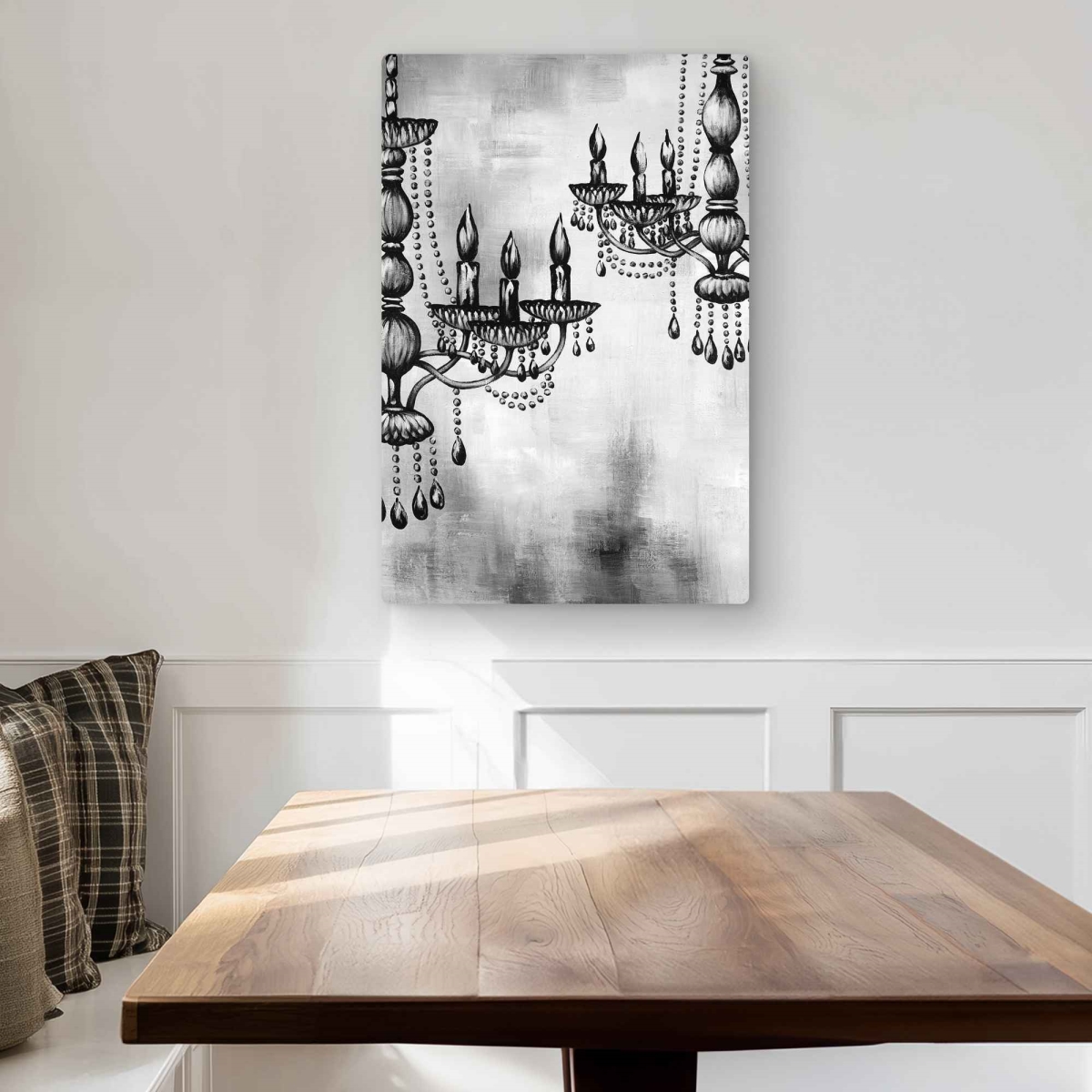 C1MP2030DVAVIH 20 x 30 in. Two Crystal Chandeliers Wall Art - Black & White Still Life Metal Print