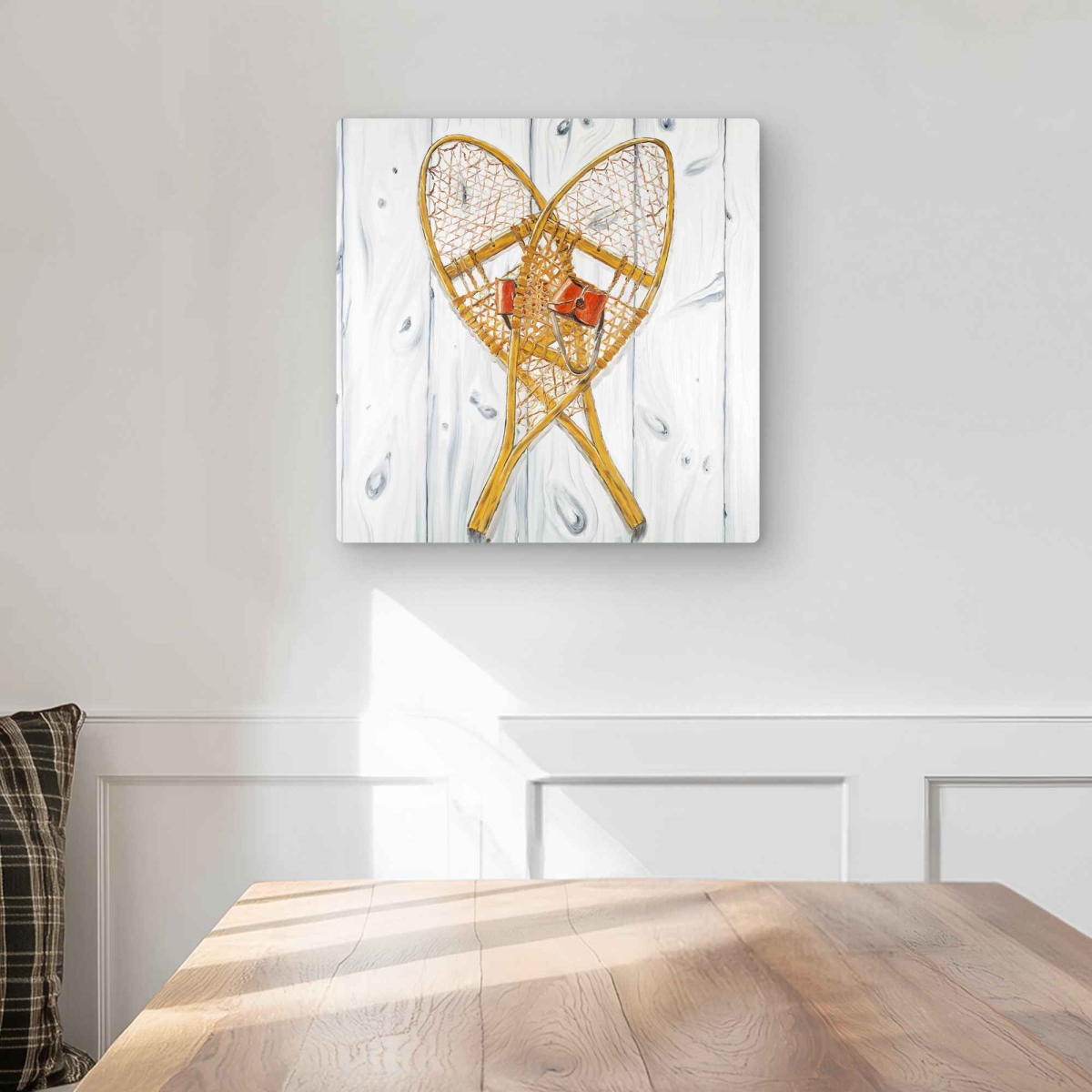 C1MP16166EJK9R 16 x 16 in. Vintage Wood Snowshoes Wall Art - Gray Hygge Metal Print