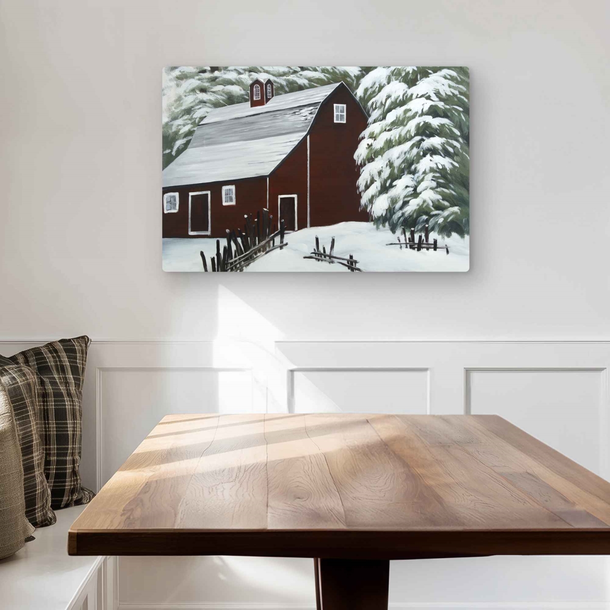 C1MP2030OT2C01 20 x 30 in. Red Barn In Snow - Farmhouse Snow Metal Print Wall Art for Home Decor