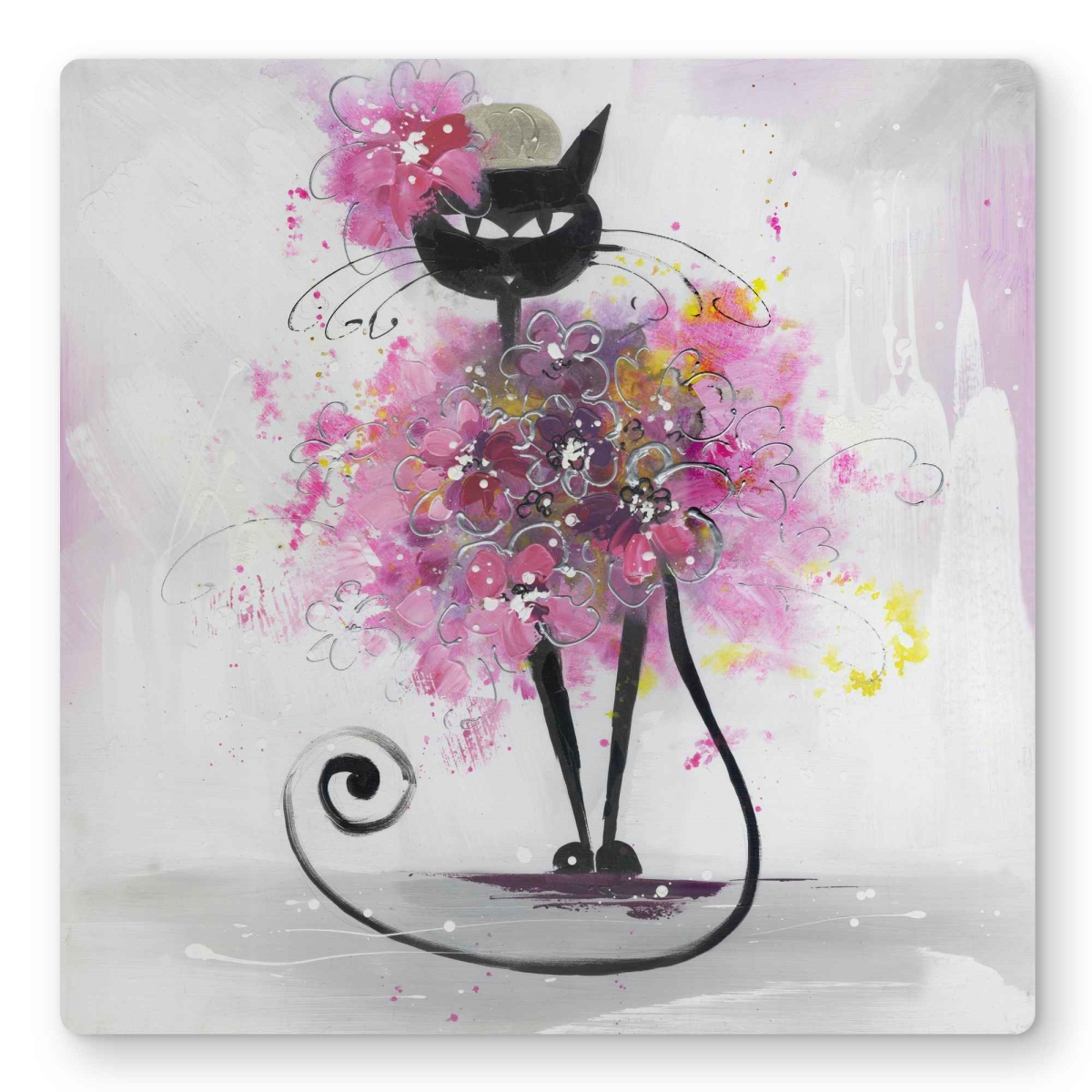 C1MP1616G9JNBZ 16 x 16 in. Cartoon Cat with Pink Flowers - Purple Metal Print Wall Art for Kids