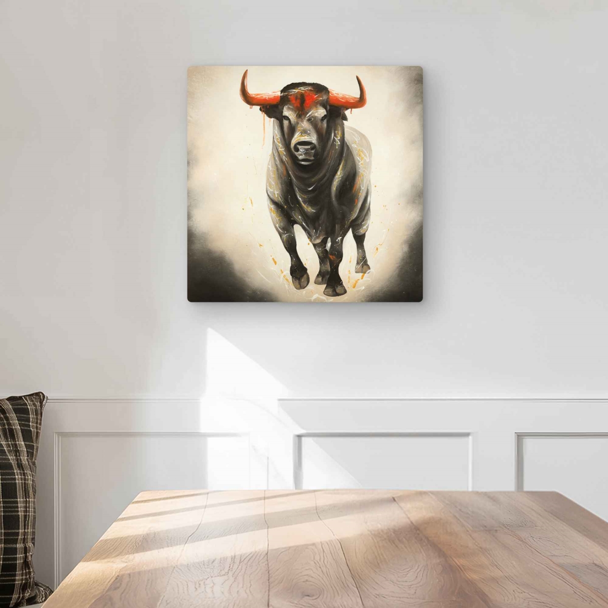 C1MP1616GYAYN2 16 x 16 in. Fierce Bull Beige Metal Print Wall Art - Unique Home Decor Piece