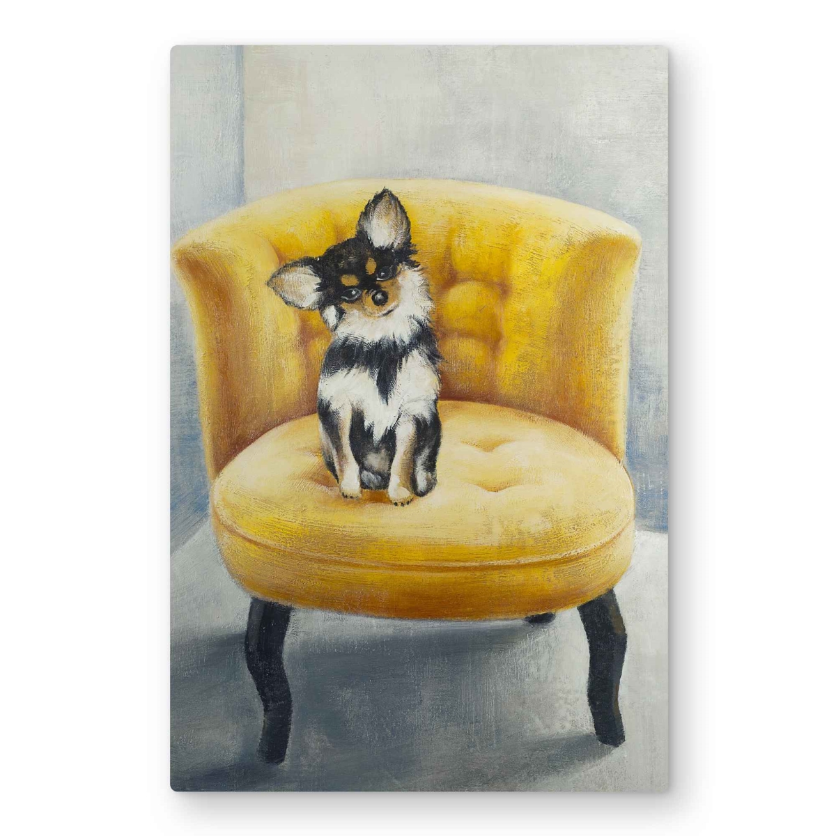 C1MP2030BF3U08 20 x 30 in. Long-Haired Chihuahua On Yellow Armchair Wall Art - Dog Metal Print
