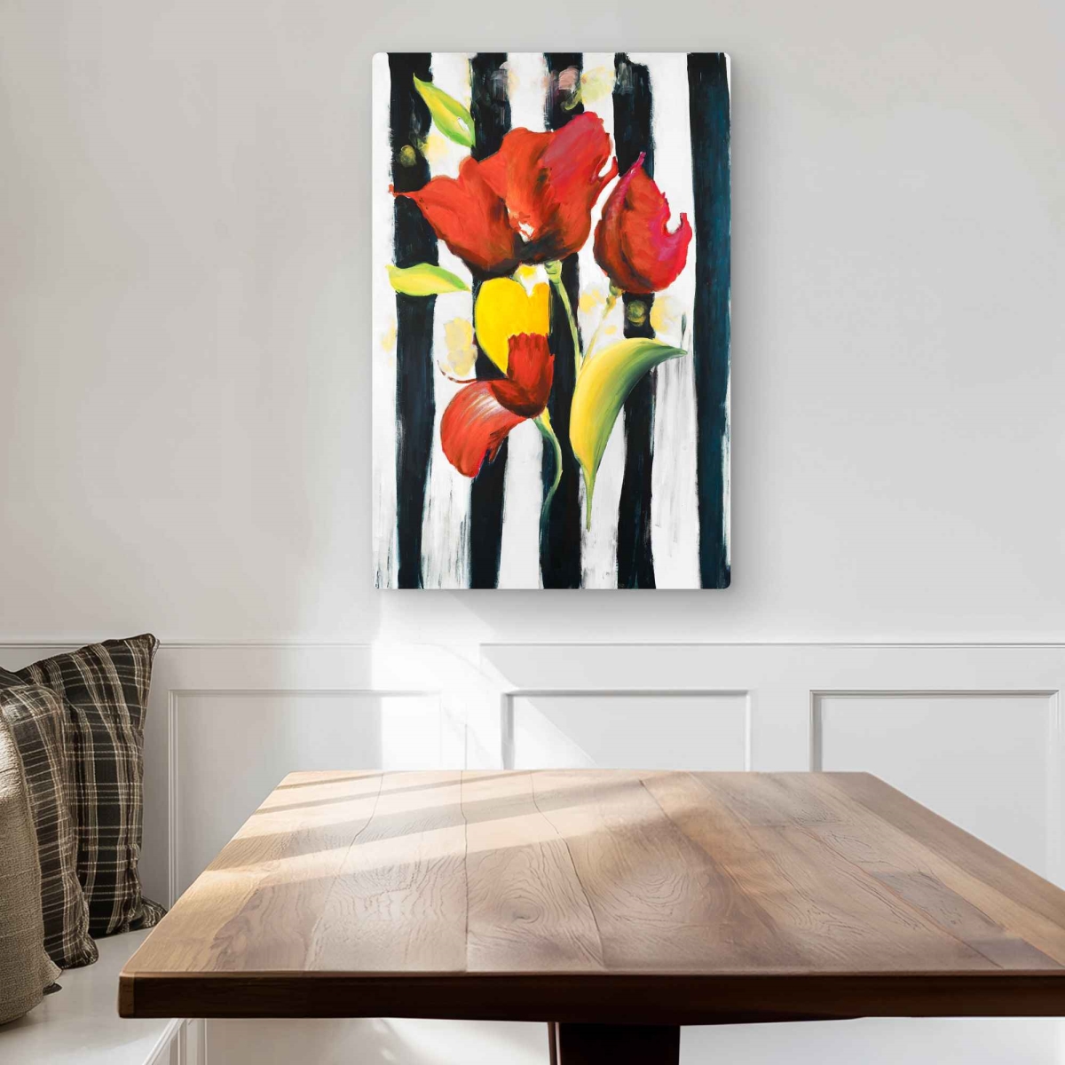 C1MP2030FYILOU 20 x 30 in. Red Flowers On Stripes Wall Art - Blue Livingroom Metal Print Decor