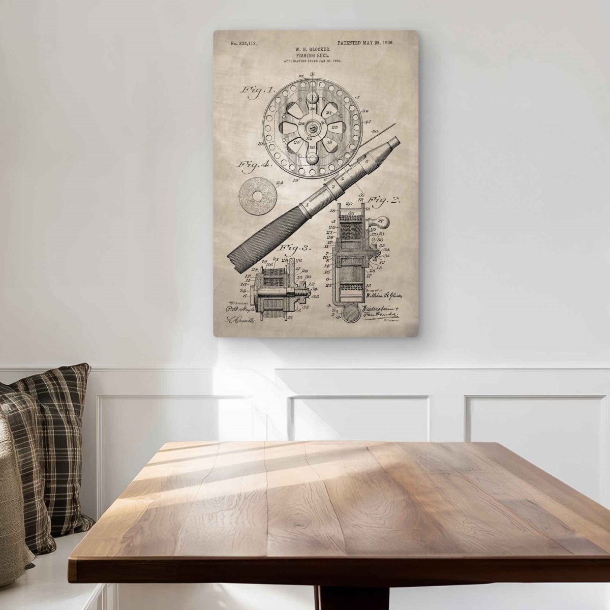 C1MP2030L9QE3W 20 x 30 in. Beige Blueprint Fishing Reel Wall Art - Metal Print Home Decor