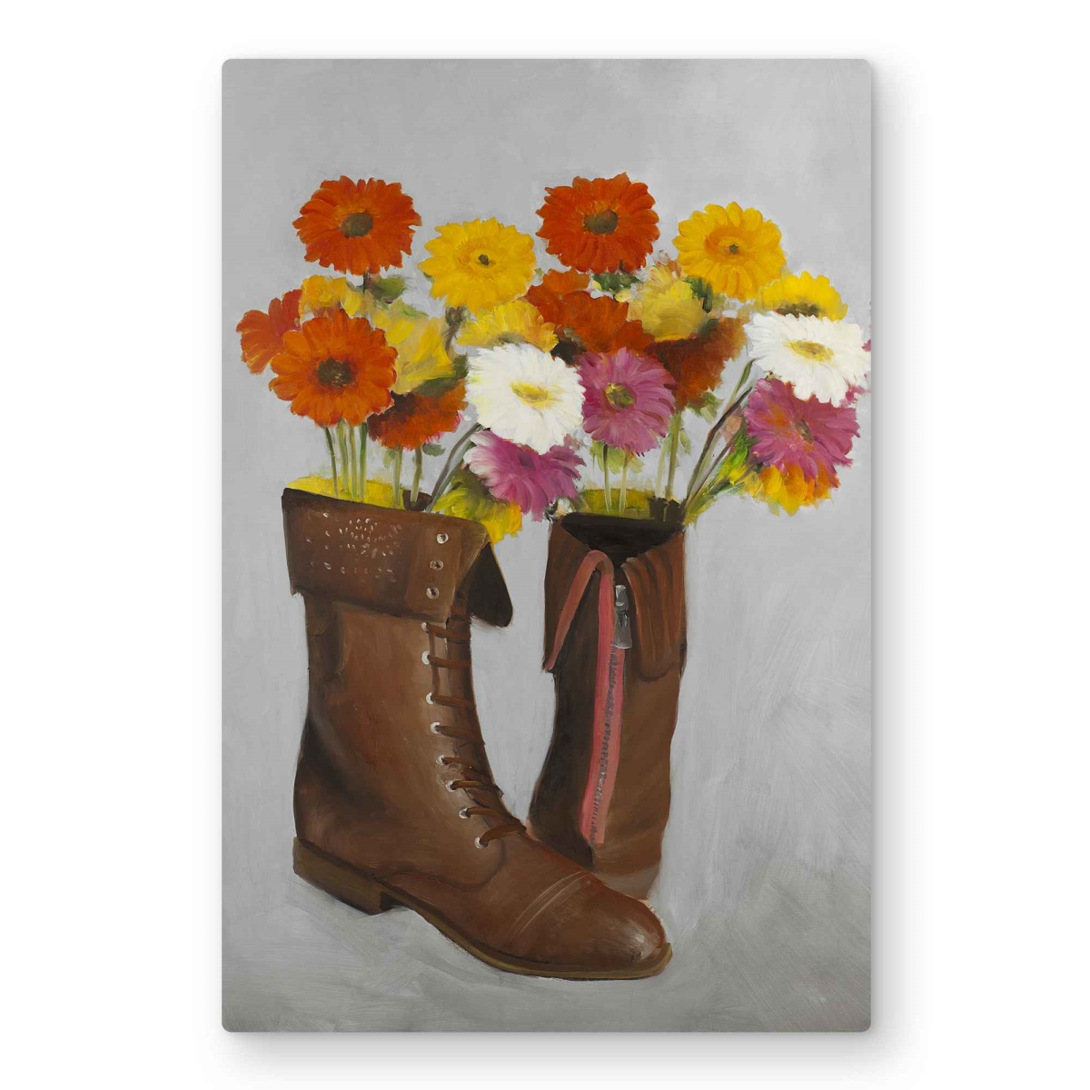 C1MP2030Q6WQOV 20 x 30 in. Boots with Daisies Flowers Wall Art - Brown Metal Print