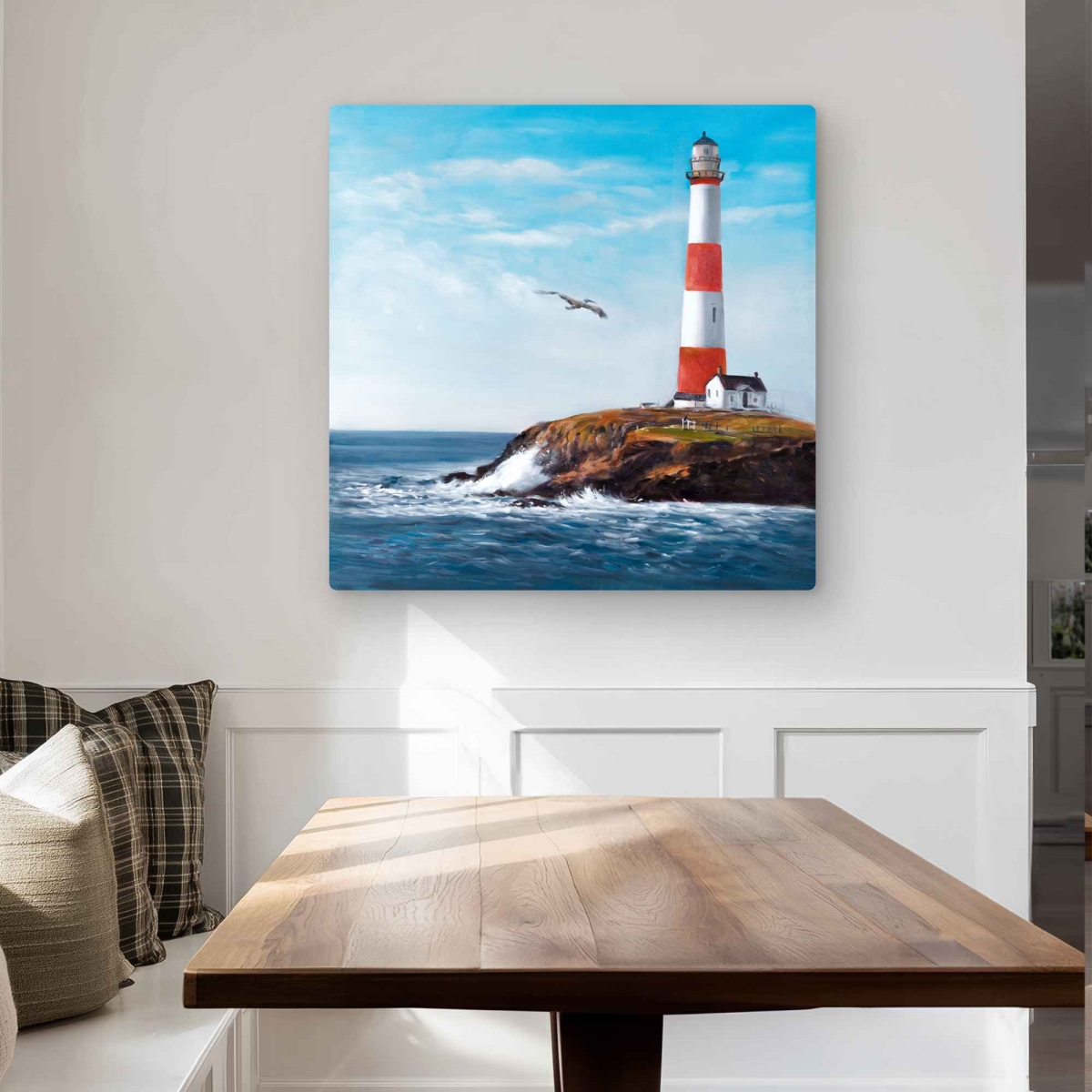 C1MP3232D1ABFF 32 x 32 in. Lighthouse at the Edge of the Sea Wall Art - White Sea Metal Print