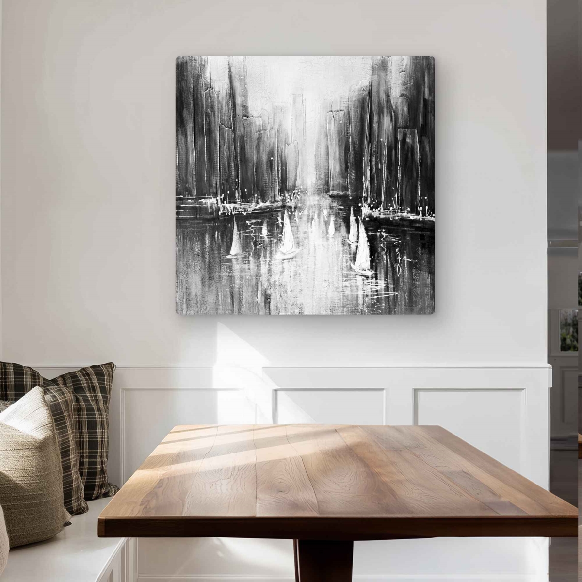 C1MP3232E6M18L 32 x 32 in. Grayscale Boats on the Water Wall Art - Black & White Metal Print