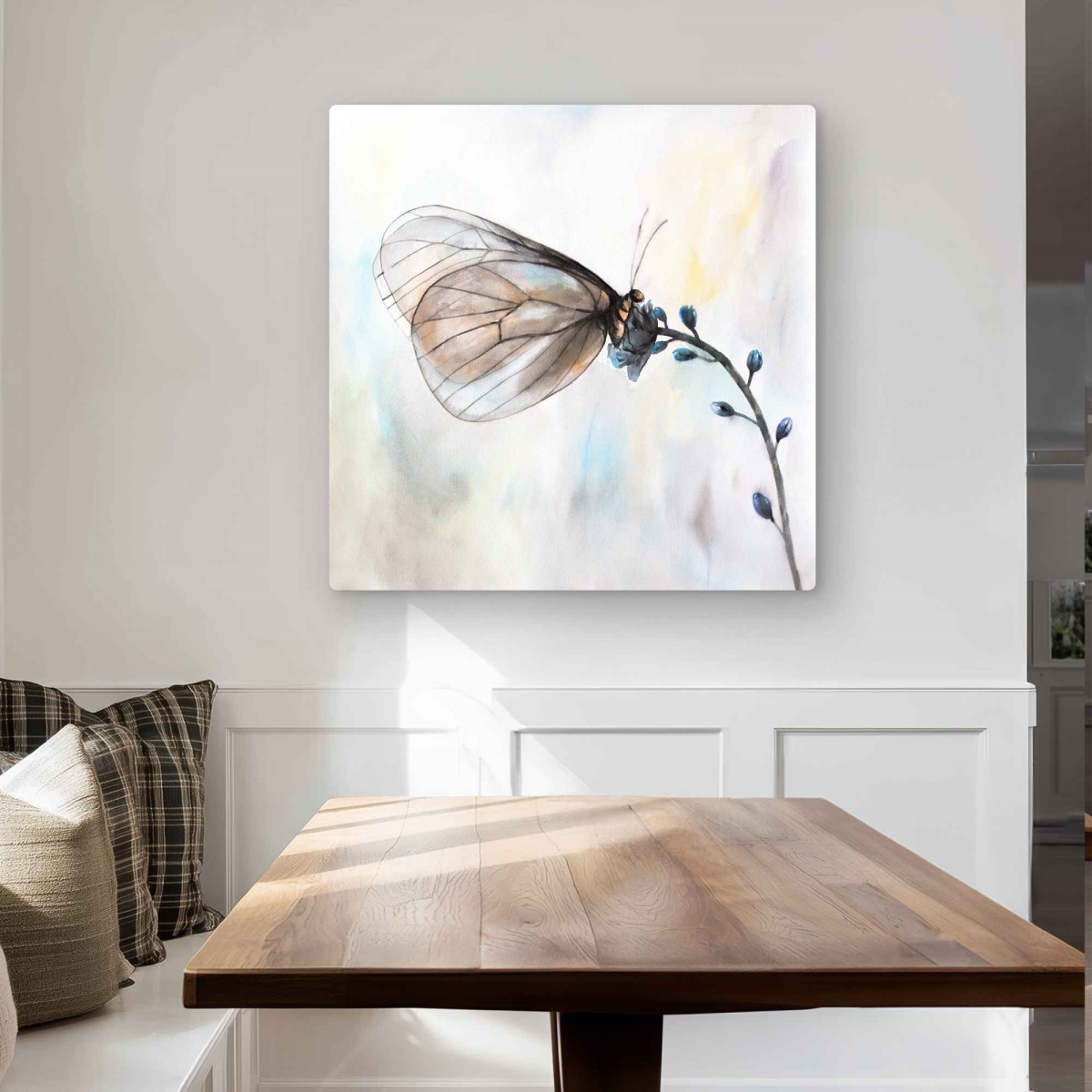 C1MP3232RZFB45 32 x 32 in. Butterfly On Blue Flowers Wall Art - Botanical Metal Print