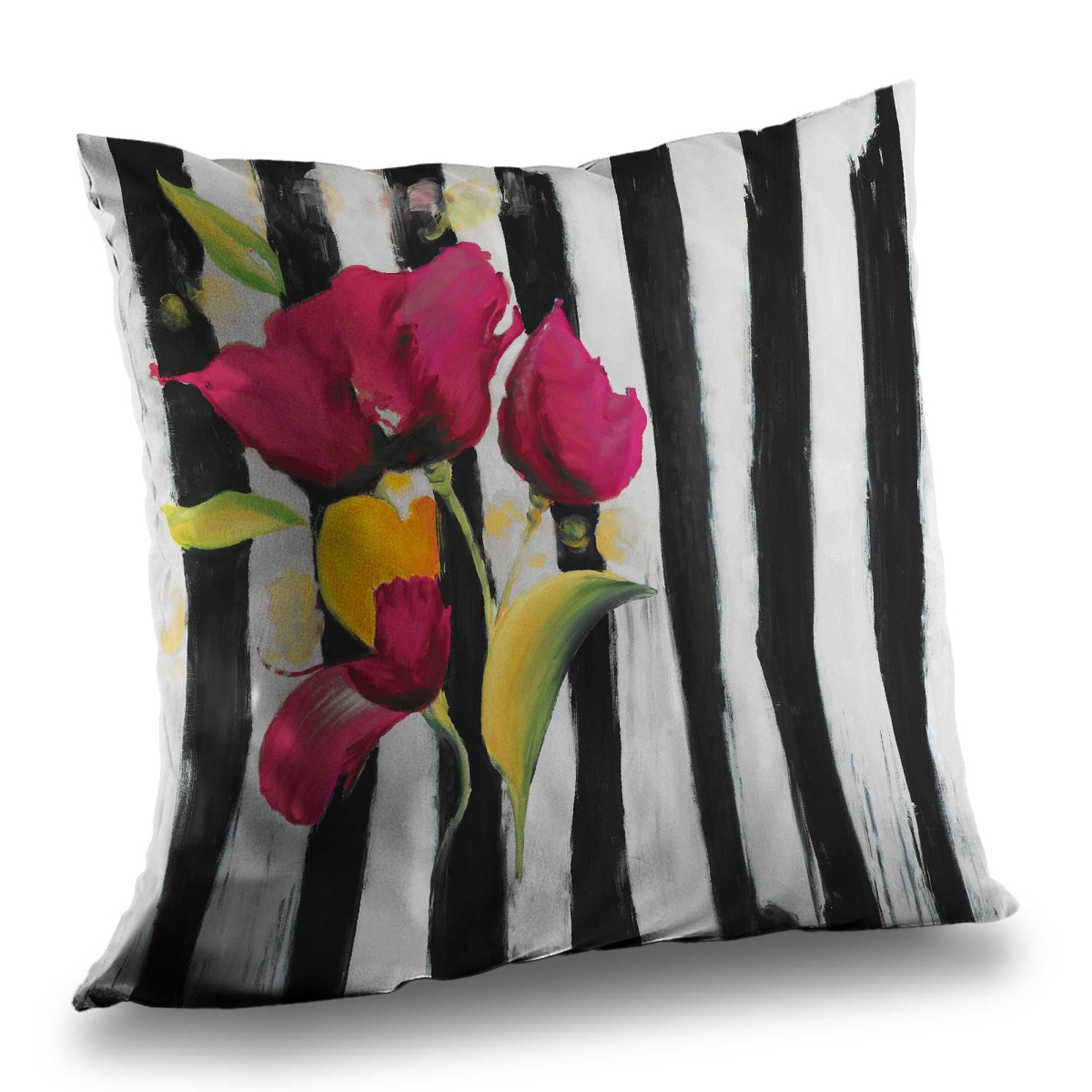 C1PC14143KMV0E 14 x 14 in. Pink Flowers on Black Stripes - Decorative Throw Pillow