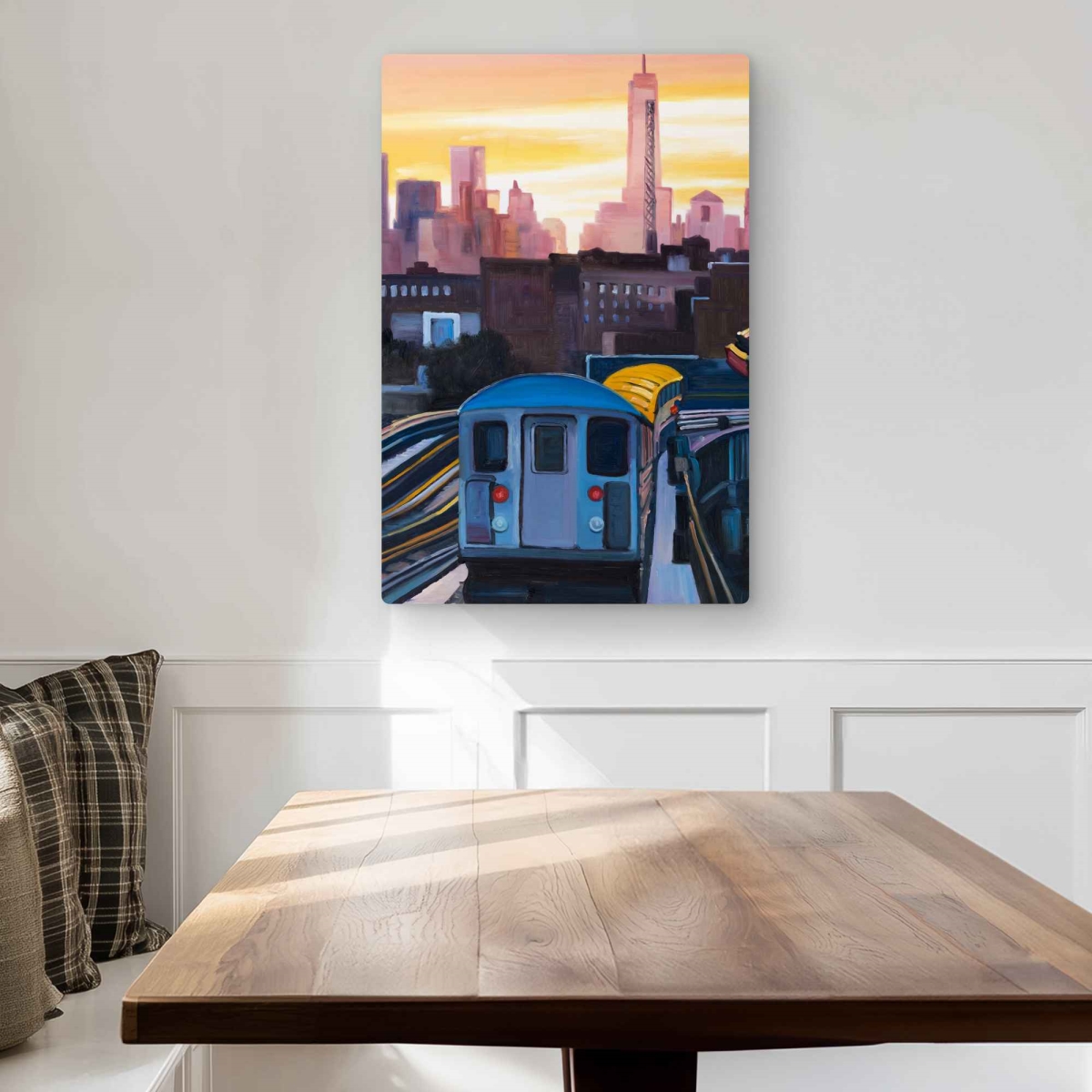 C1MP2030CPRC3M 20 x 30 in. Sunset Over the Subway In York Wall Art - Blue Train Metal Print