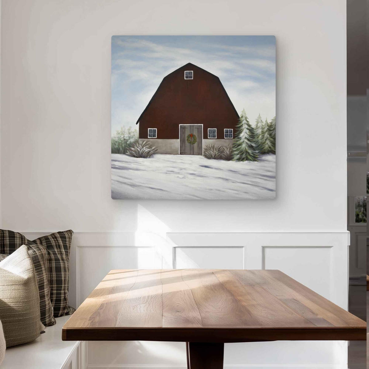 C1MP32326H6OUV 32 x 32 in. It Winter on the Farm - Scandinavian Metal Print Wall Art for Decor