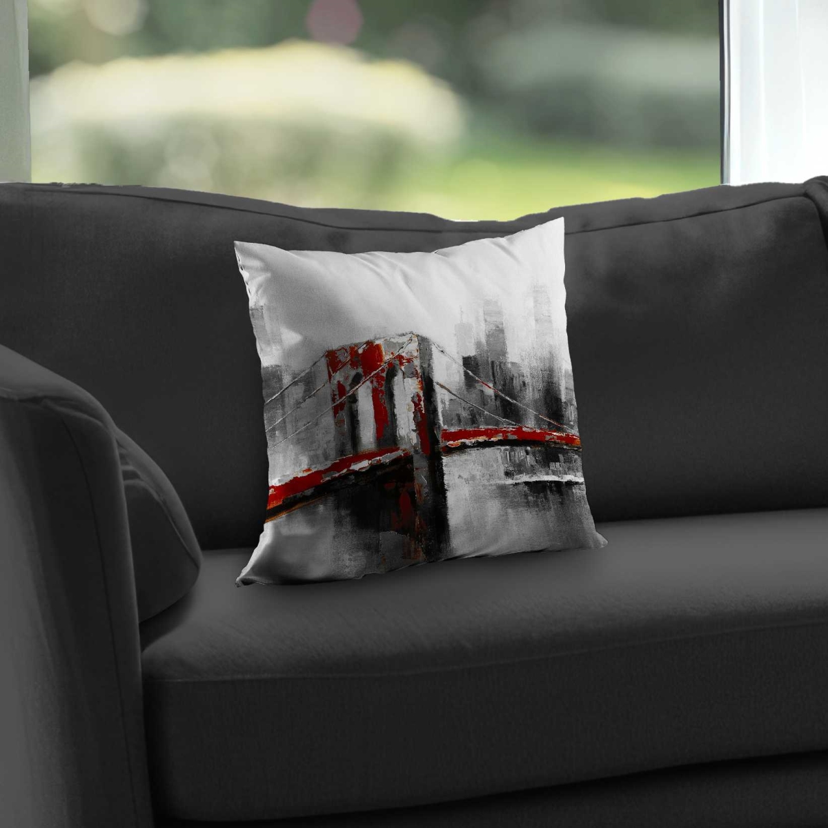 C1PC1414MBBU6L 14 x 14 in. Abstract & Red Brooklyn Bridge - Black Office Throw Pillow