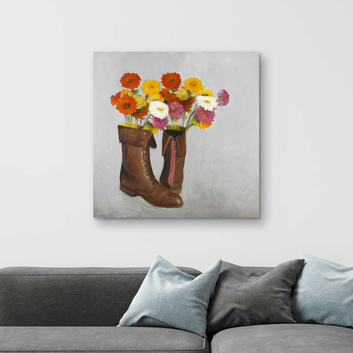 C1RC3232Q52T1W 32 x 32 in. Boots with Daisies Flowers - Gray Still Life Canvas Art