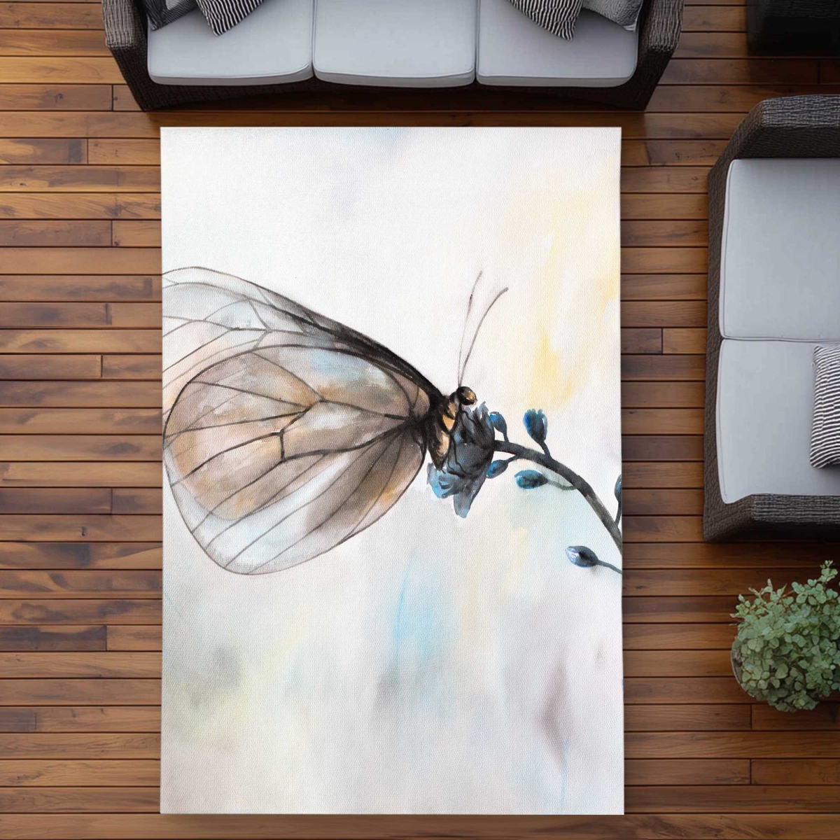 C1ROAR57ZZQ23L 5 x 7 ft. Butterfly on Blue Flowers Rectangle Area Rug - Romantic Bedroom Outdoor