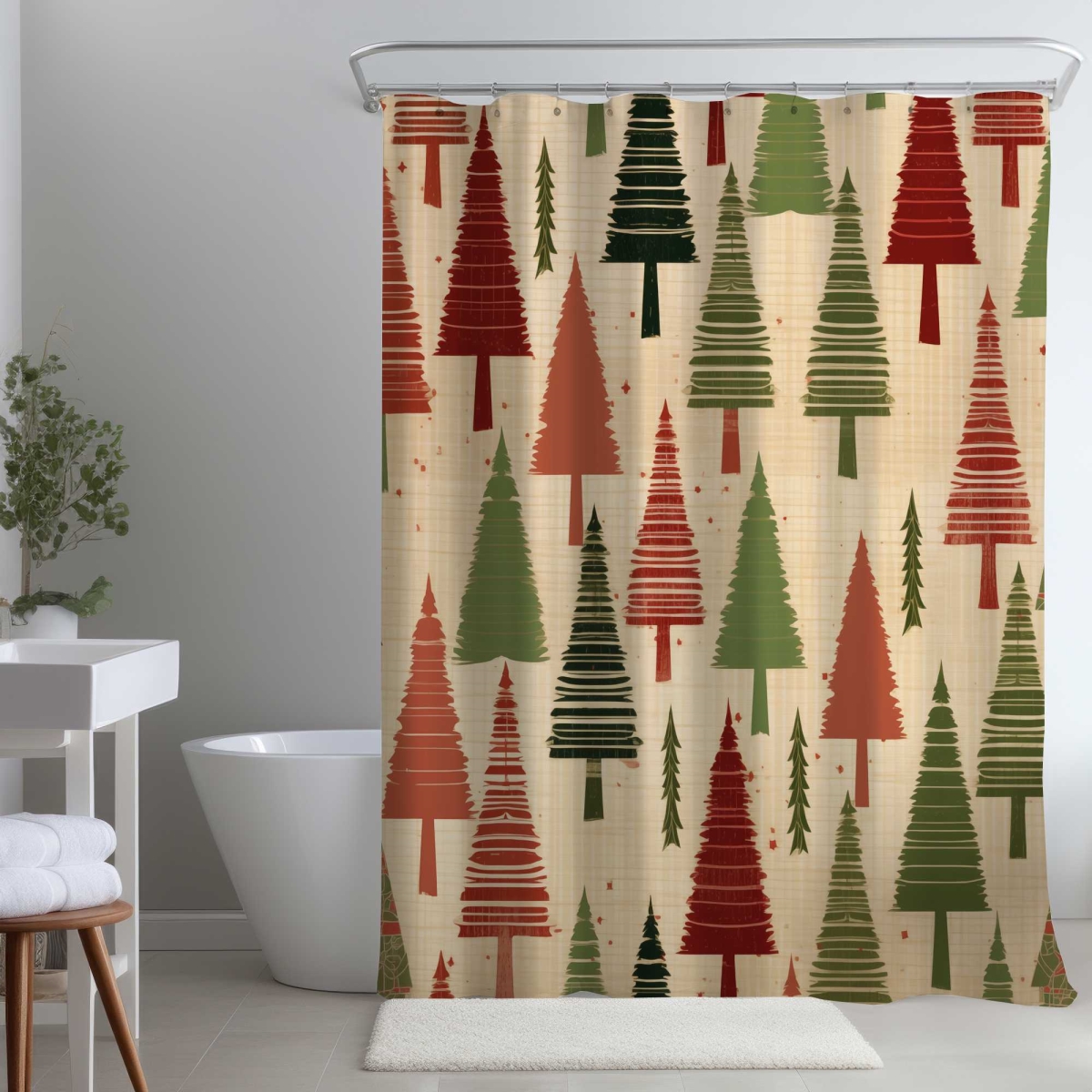 C1SC7174ZJ4C78 71 x 74 in. Christmas Tree Pattern Red Shower Curtain - Home Decor Gift
