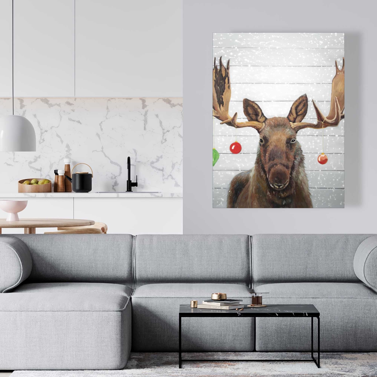 C1RC36481C934X 36 x 48 in. Moose Has Christmas Balls - Rustic Animals Canvas Home Decor