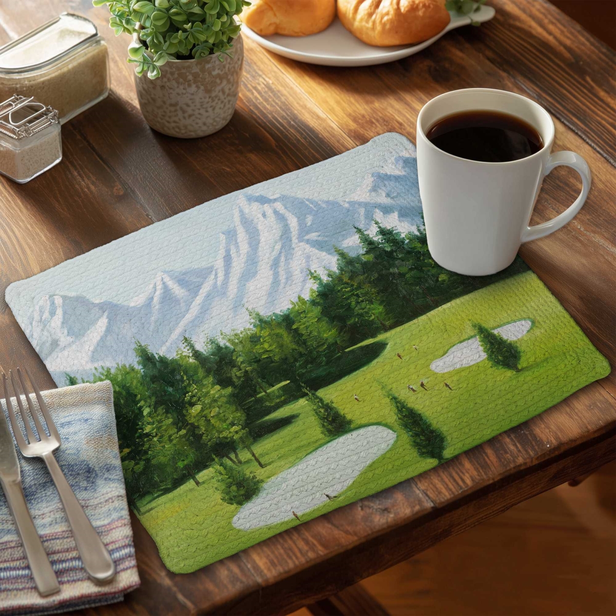 Picture of Begin Home Decor C6BP14185MQ8WQ 14 x 18 in. Golf Course with Mountains View Braided Polyester Placemat - Set of 6