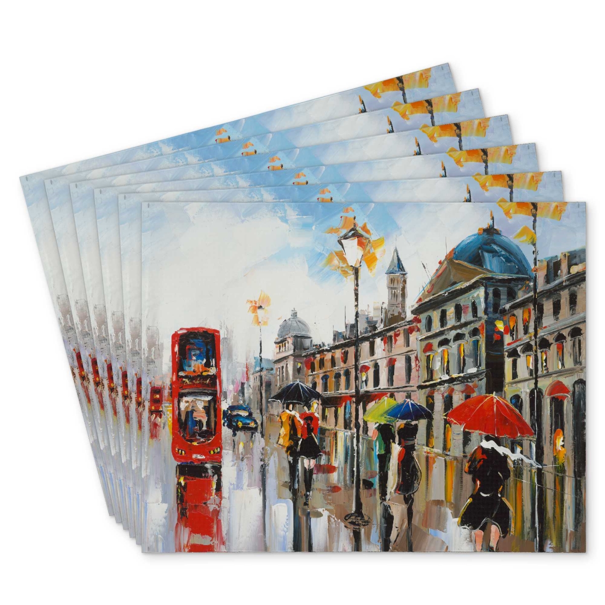 Picture of Begin Home Decor C6PP1418E82CIS 14 x 18 in. Colorful Street with Red Bus Polyester Placemat - Home Decor - Set of 6