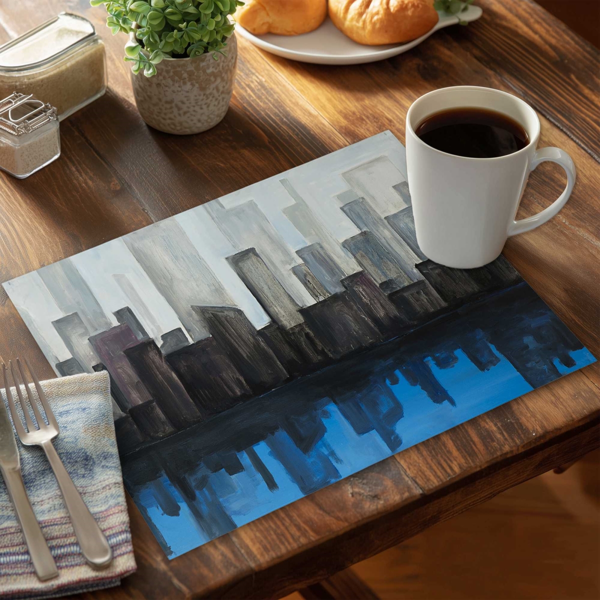Picture of Begin Home Decor C6PP1418GISVHW 14 x 18 in. View of a Blue City Polyester Placemat for Home Decor - Set of 6